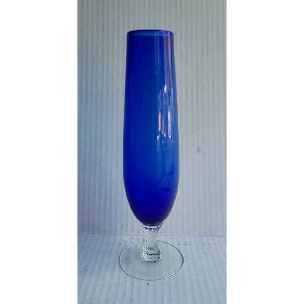 Vintage Empoli Cobalt Blue Champagne Flute‎ Bud Vase Clear Stem Hand Blown MCM